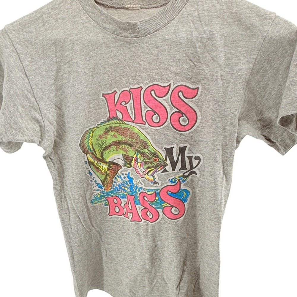 Kiss My Bass T Shirt Fishing Graphic Tee Humor Short Sleeve single stitch